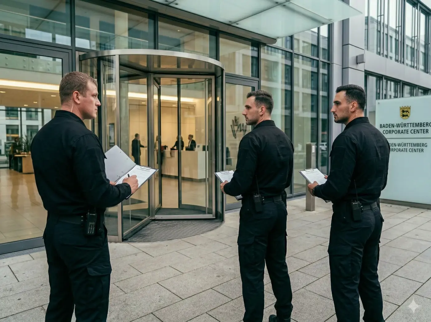 Sicherheitsmitarbeiter am Eingang eines Bürogebäudes