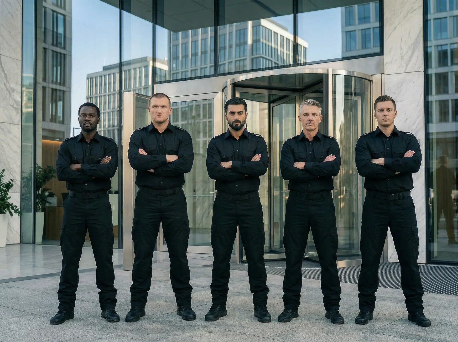 firefly geminiflash keep the exact 3 security guards from the reference image, add one african male secur 271077