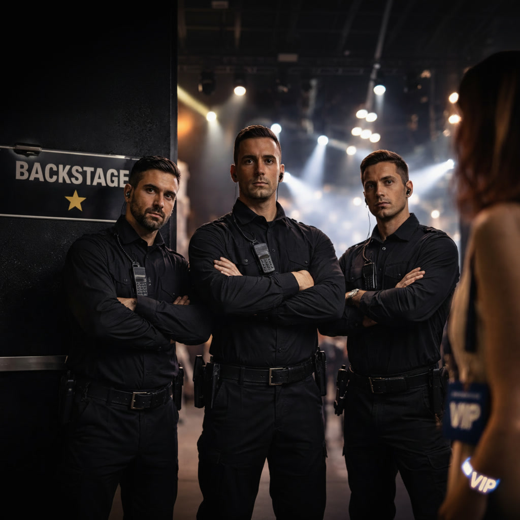 Veranstaltungsschutz gemini 2.5 flash image photorealistic 2 3 security guards standing in front of backstage door at concer 0